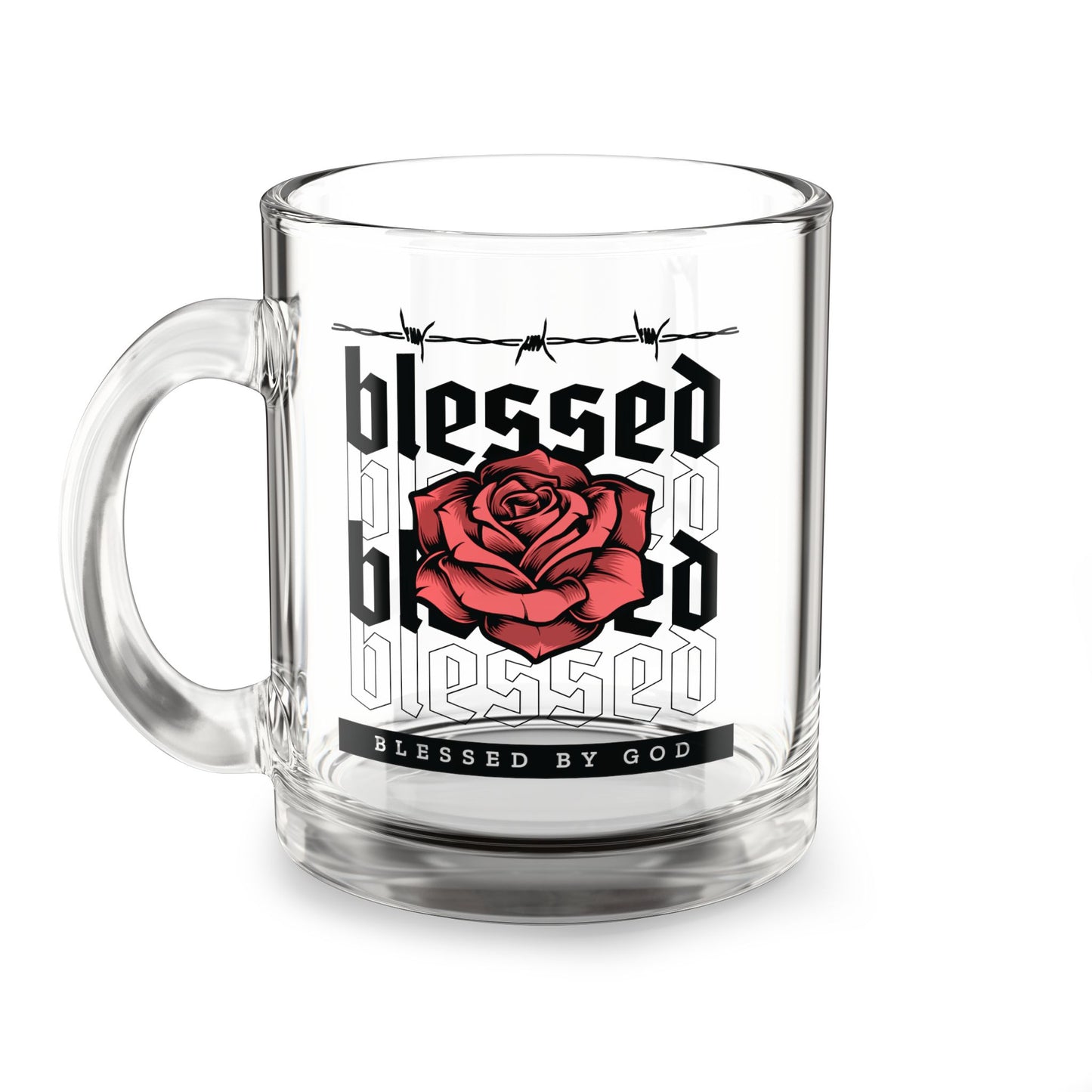 Blessed by God Rose Design Glass Mug - 10oz