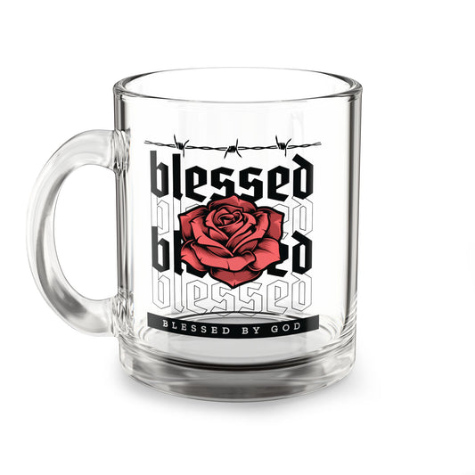Blessed by God Rose Design Glass Mug - 10oz