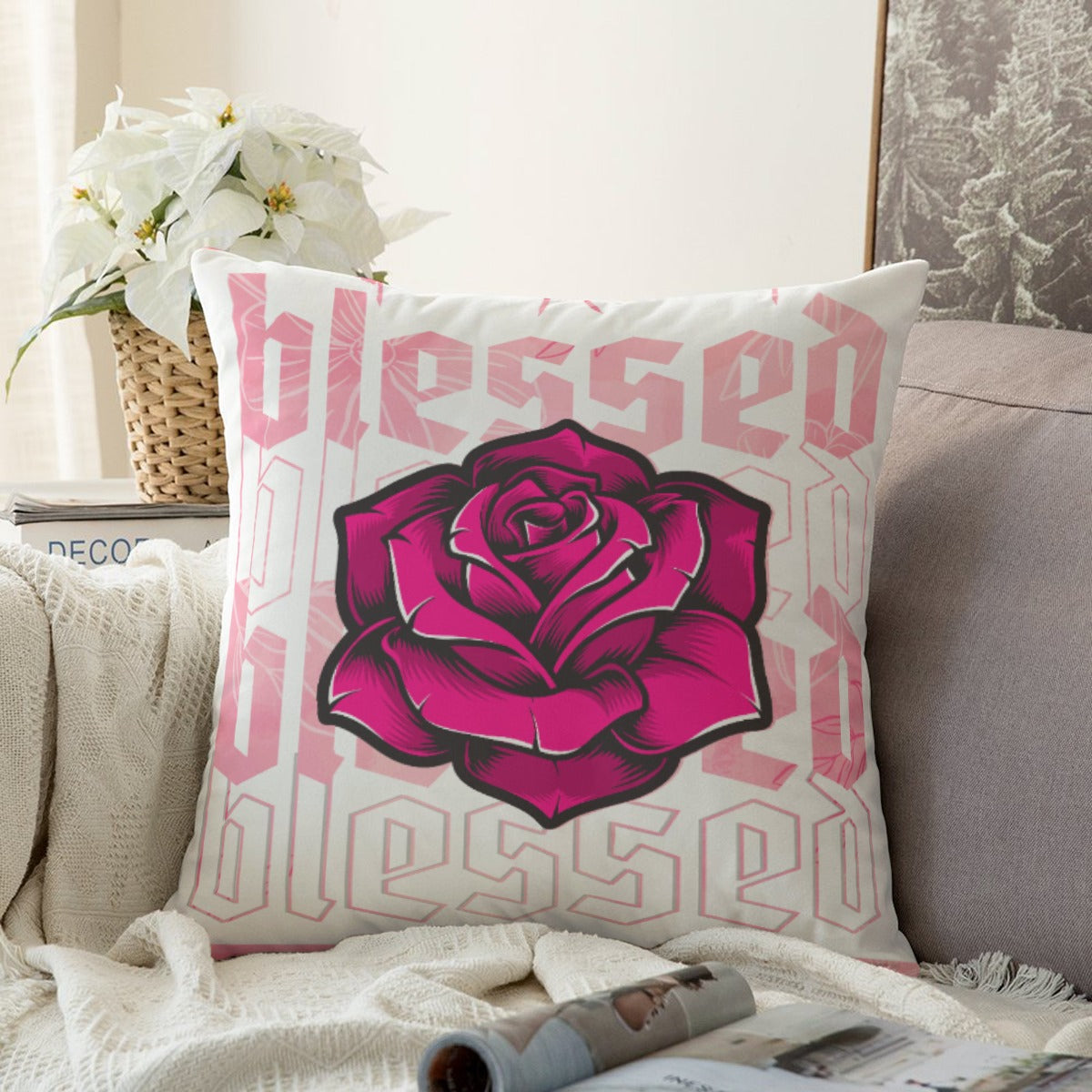 Blessed Rose Decorative Pillow - Pink Floral Home Accent