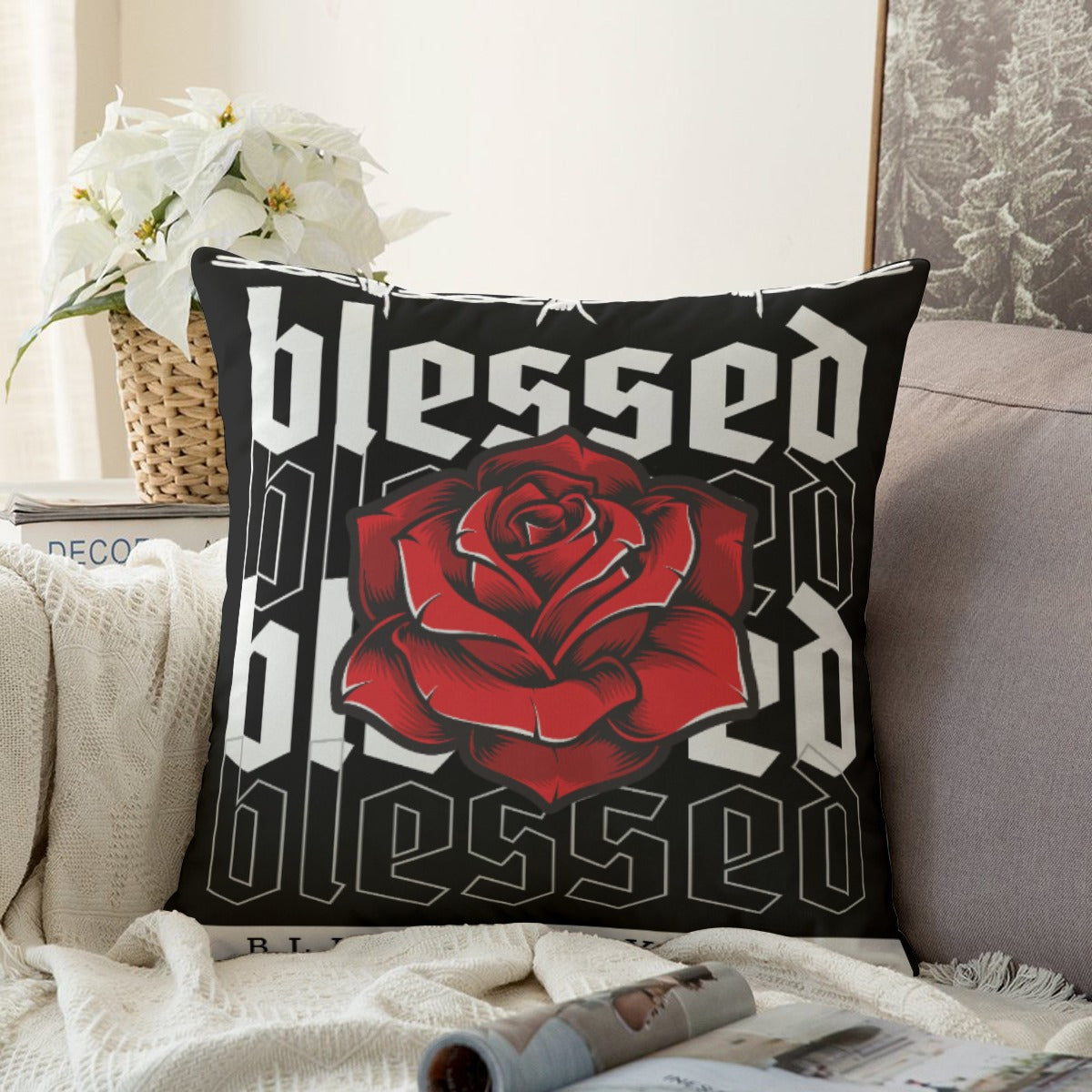 Blessed Rose Decorative Pillow - Red and Black Floral Home Accent