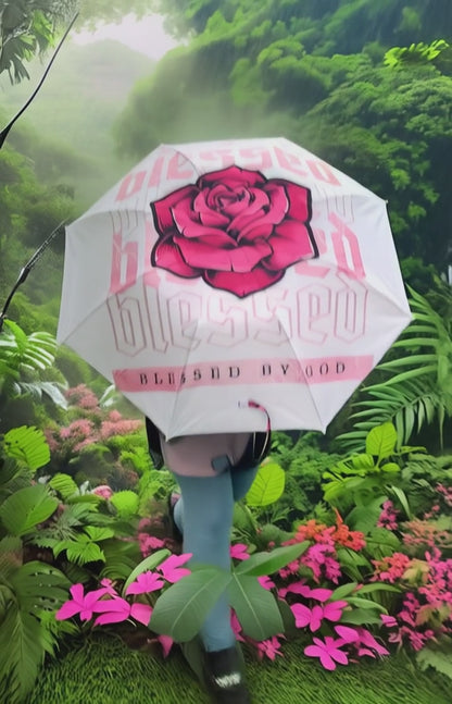 Blessed By God Rose Design Semi-Automatic Foldable Umbrella - Stylish & Functional Weather Protection